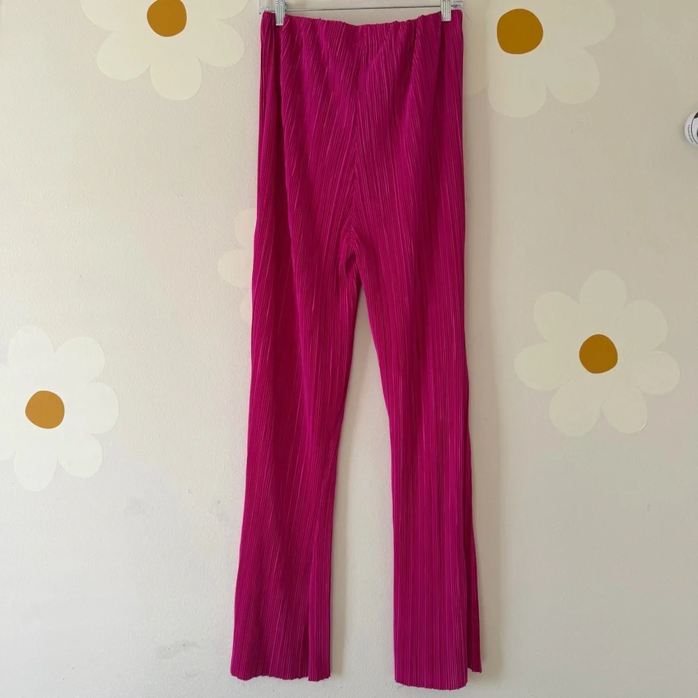 NWT Bohme New In Clara Hot Pink Satin Ribbed Pleated Wide Leg Matching Set